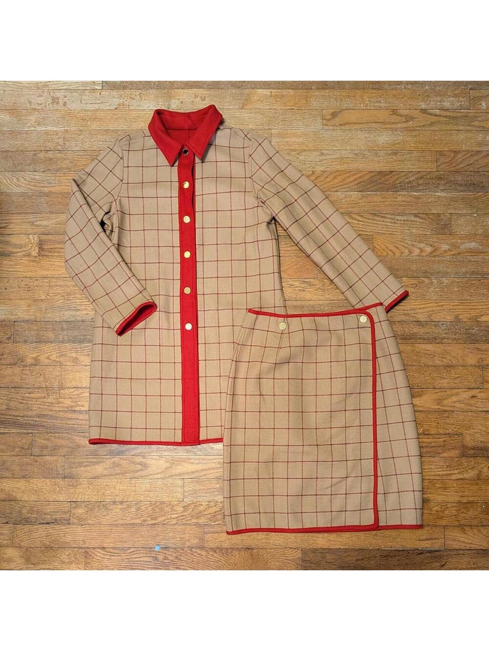 1970s Worth Reversible Windowpane Wool Jacket & Wrap Skirt Set Tan Red Size M